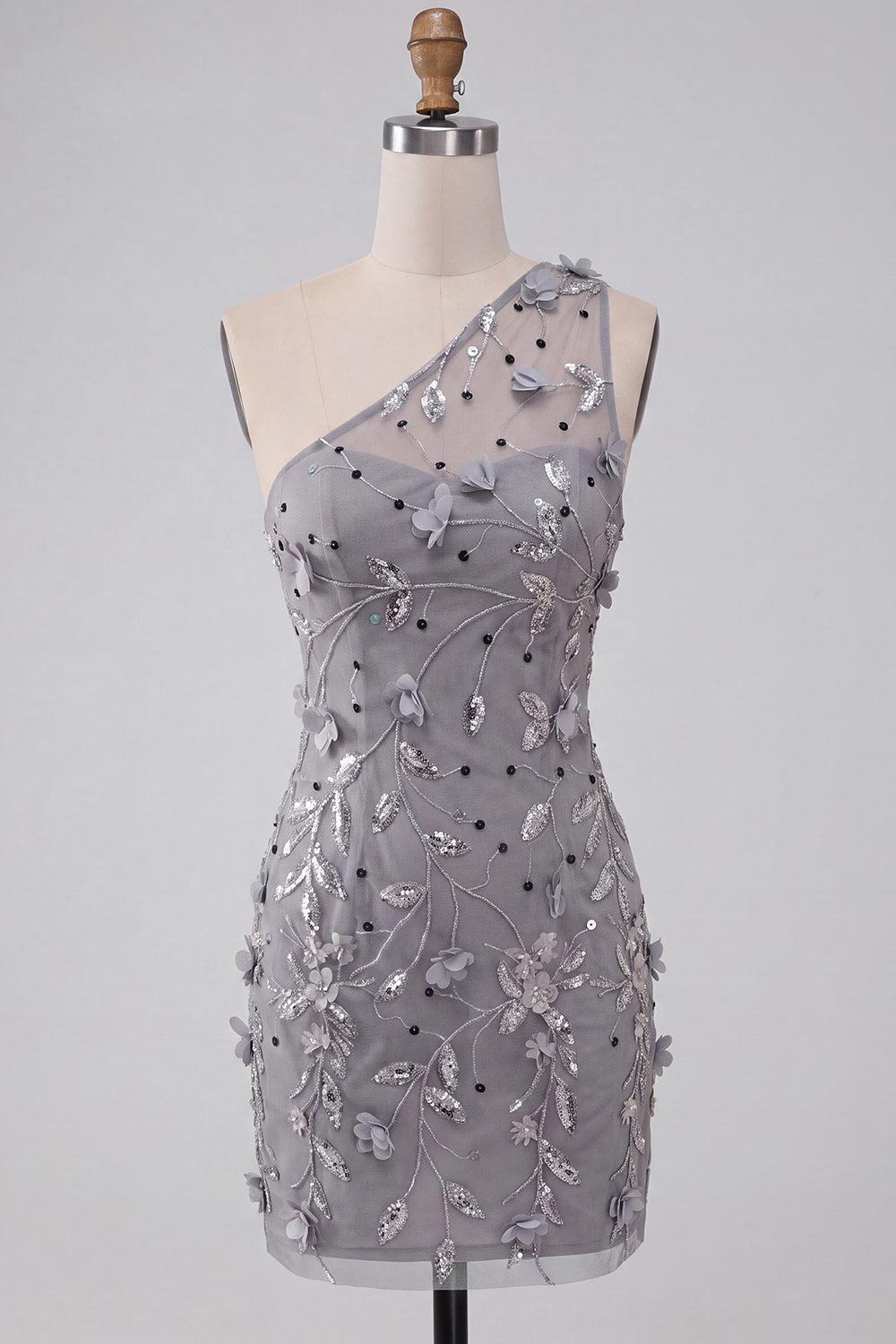 Dressystars Floral Sequins Grey One Shoulder Tight Short Homecoming Dress