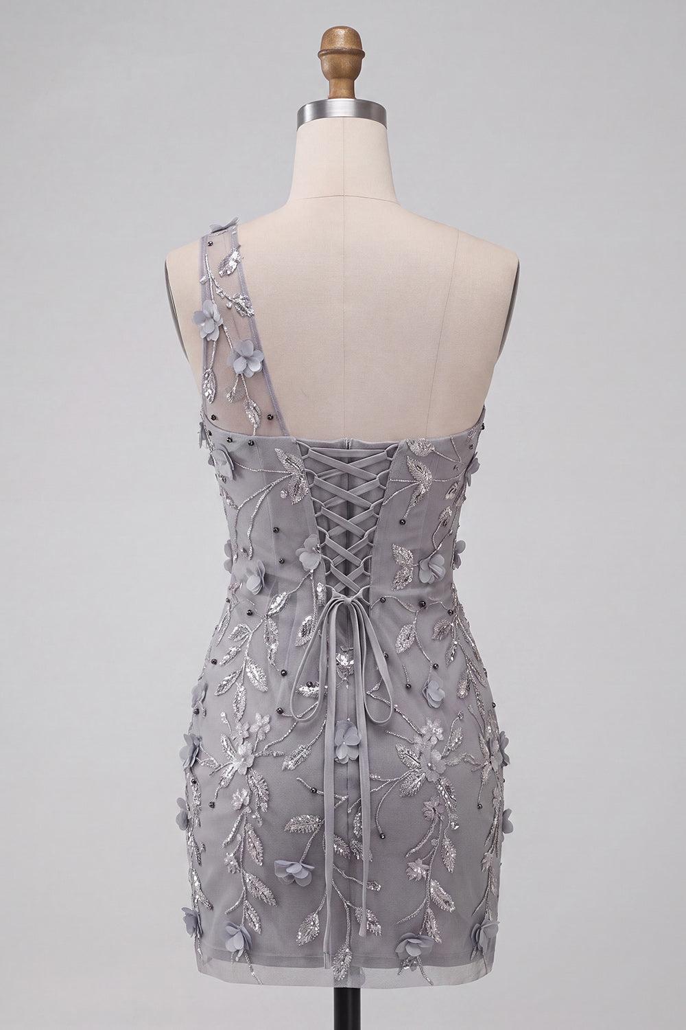 Dressystars Floral Sequins Grey One Shoulder Tight Short Homecoming Dress