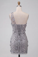 Dressystars Floral Sequins Grey One Shoulder Tight Short Homecoming Dress