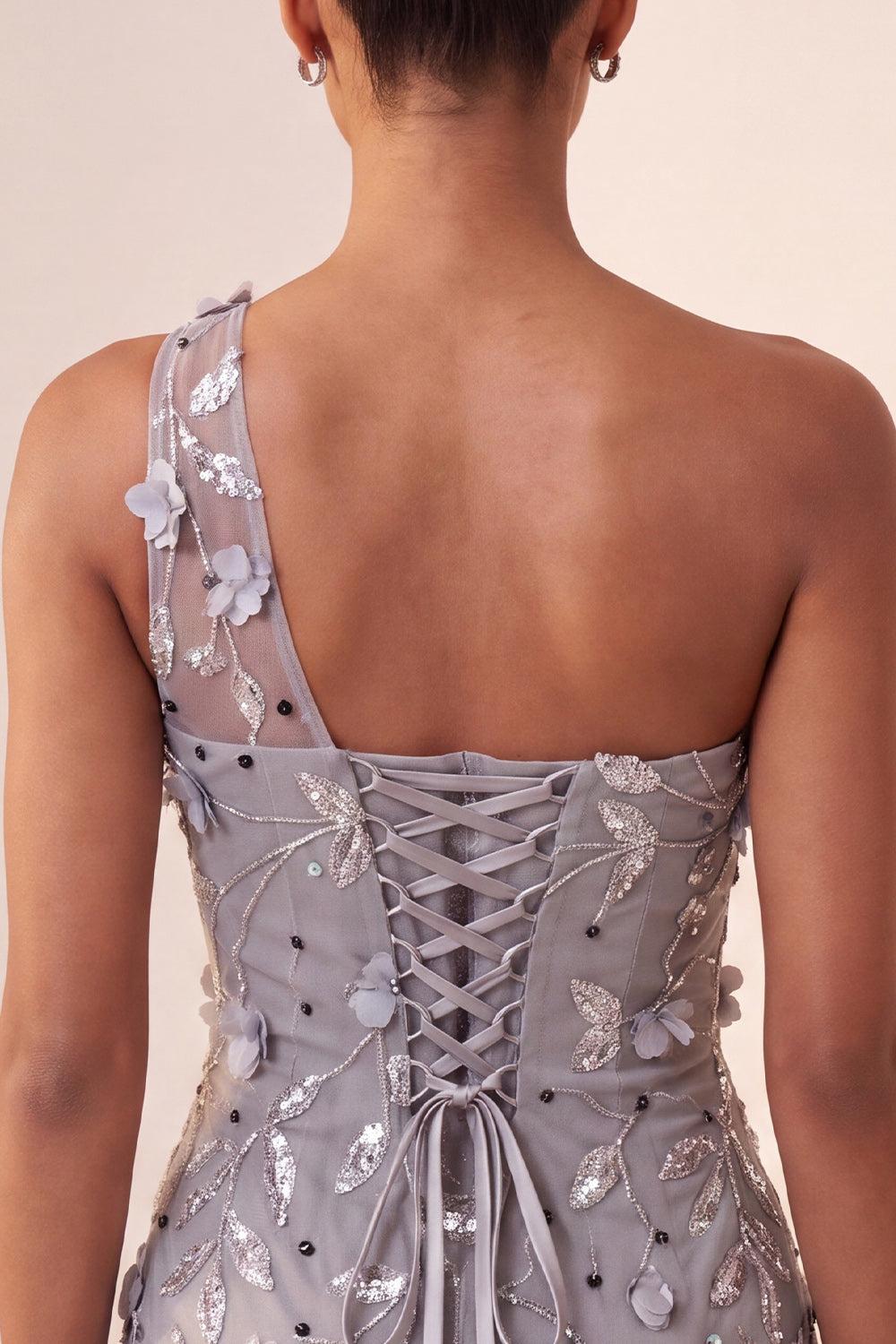 Dressystars Floral Sequins Grey One Shoulder Tight Short Homecoming Dress