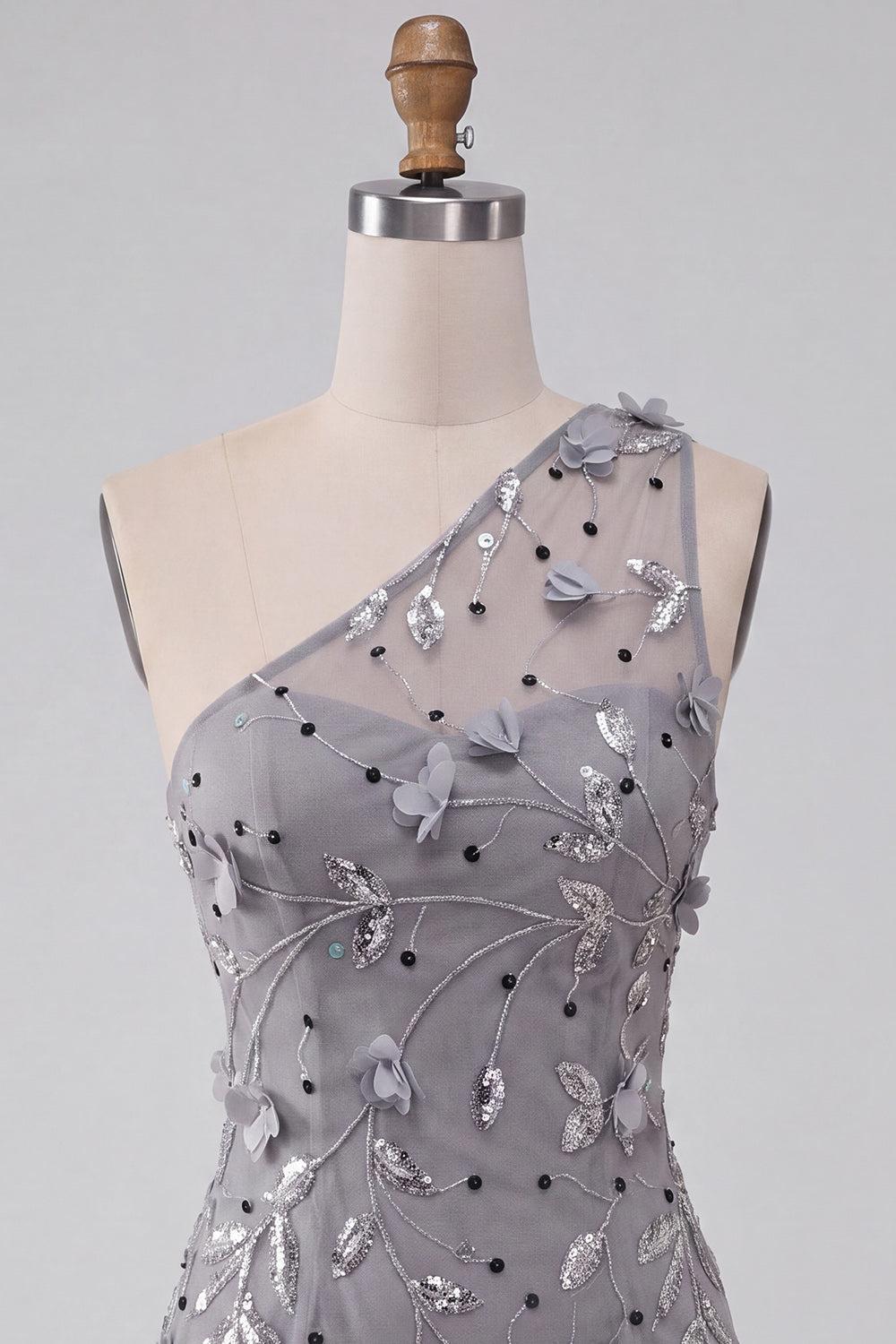 Dressystars Floral Sequins Grey One Shoulder Tight Short Homecoming Dress