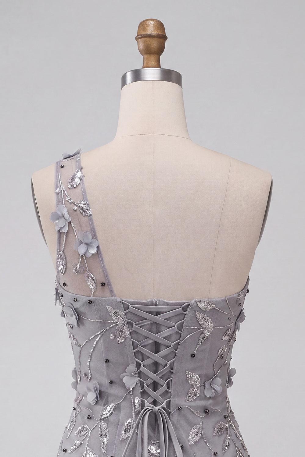 Dressystars Floral Sequins Grey One Shoulder Tight Short Homecoming Dress