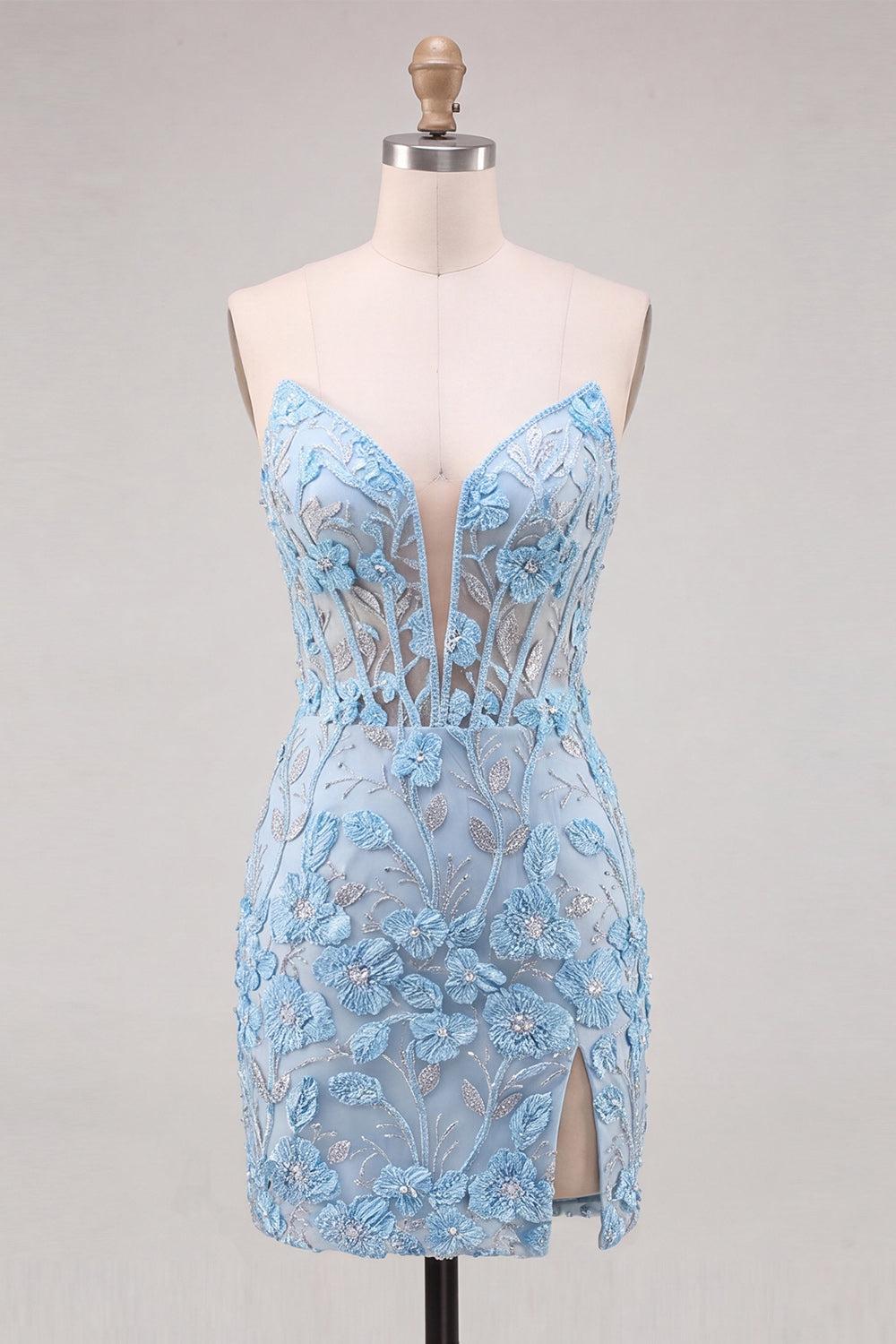 Dressystars Floral Sky Blue Lace Tight Corset Short Homecoming Dress with Slit