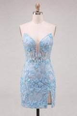 Dressystars Floral Sky Blue Lace Tight Corset Short Homecoming Dress with Slit