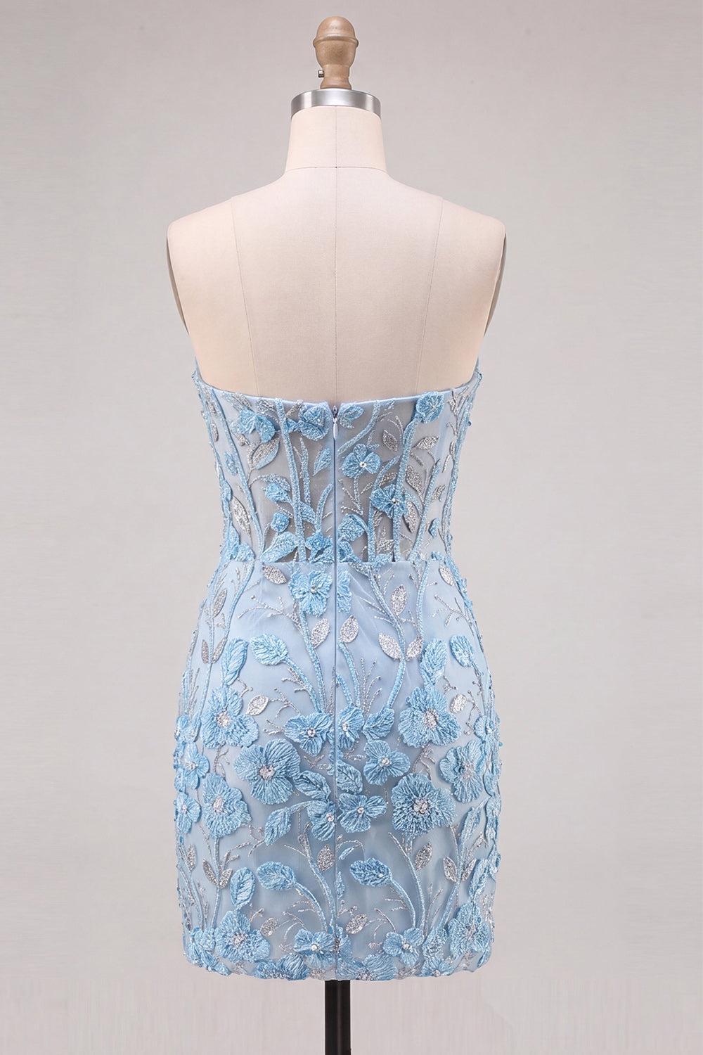 Dressystars Floral Sky Blue Lace Tight Corset Short Homecoming Dress with Slit