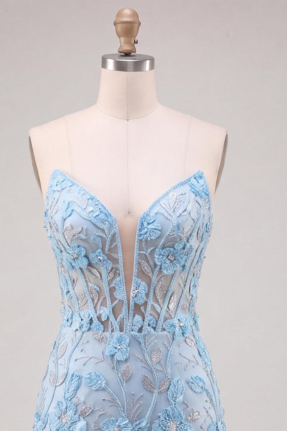Dressystars Floral Sky Blue Lace Tight Corset Short Homecoming Dress with Slit