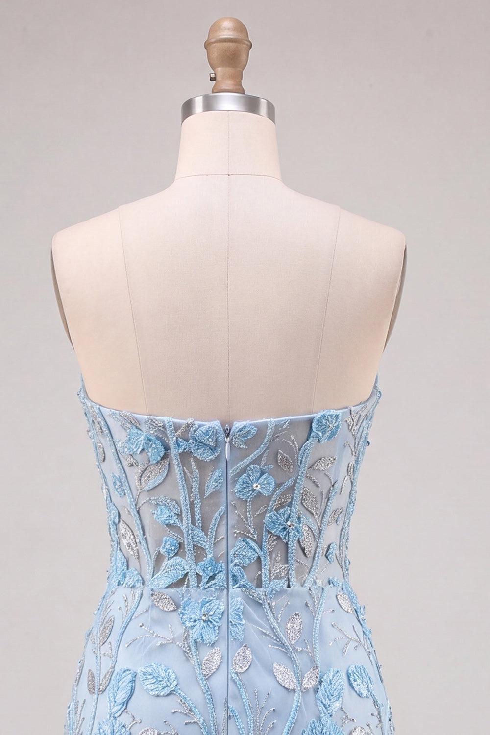 Dressystars Floral Sky Blue Lace Tight Corset Short Homecoming Dress with Slit