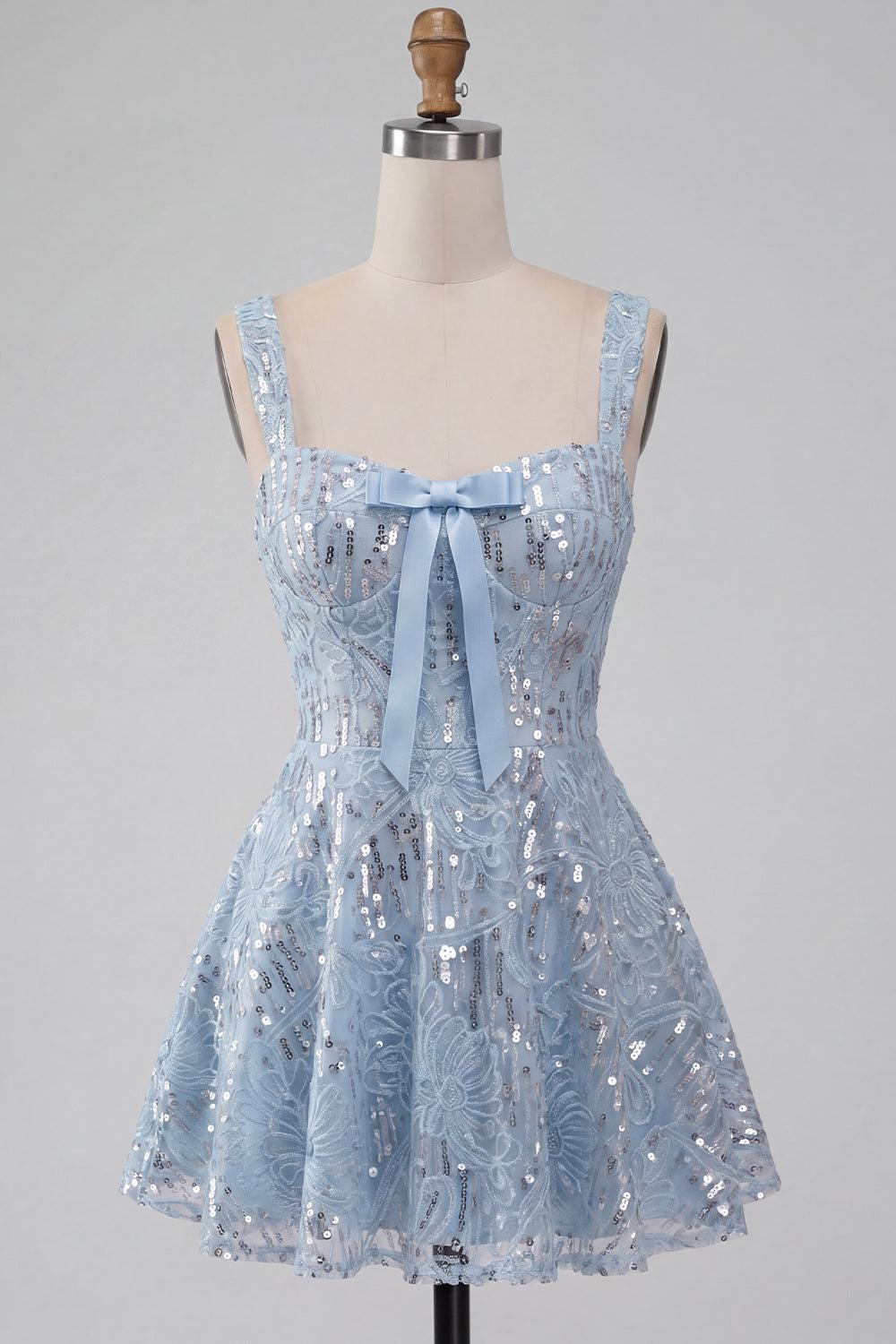 Dressystars Floral Sky Blue Sequin A-Line Short Homecoming Dress with Bow