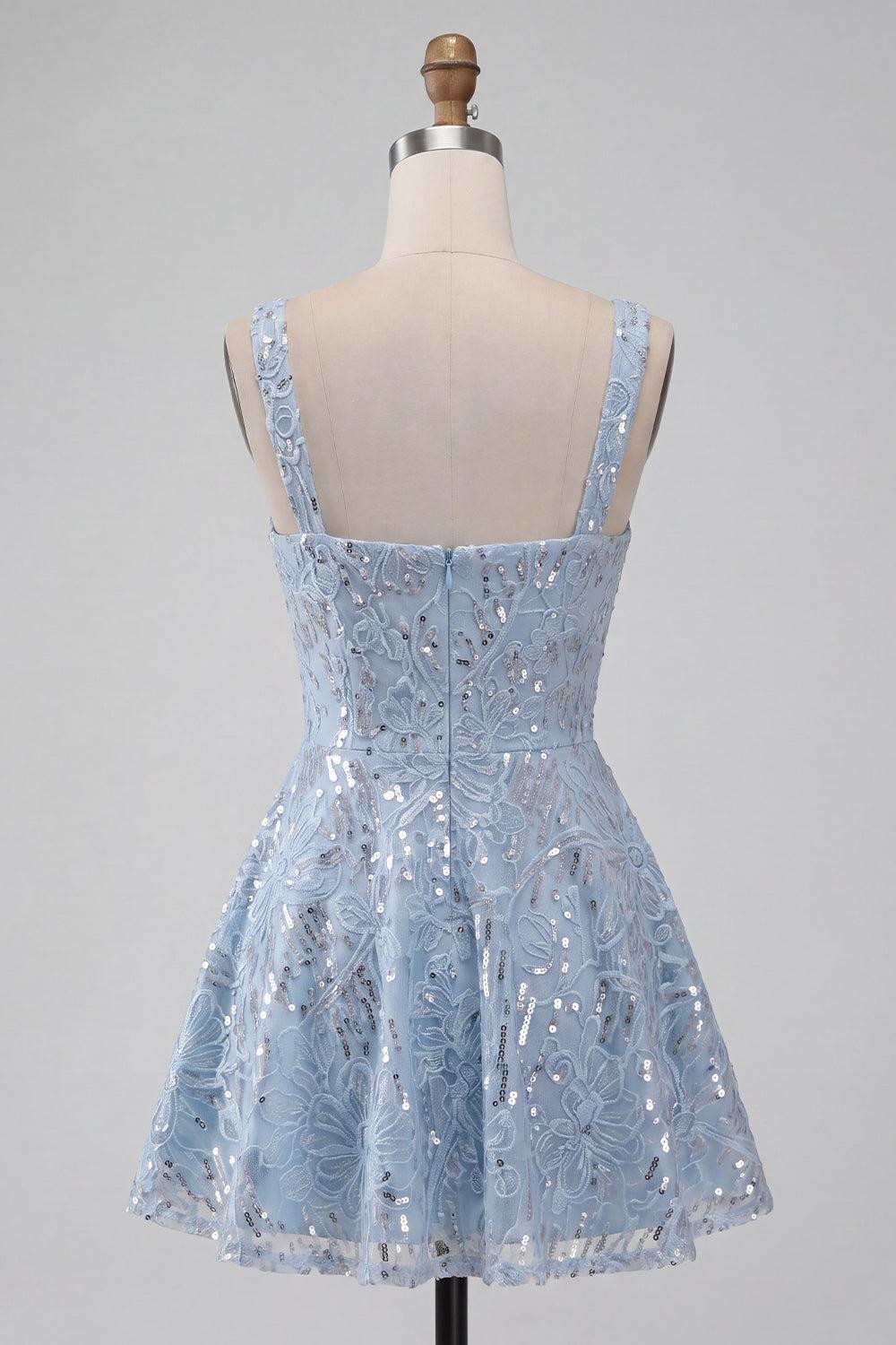 Dressystars Floral Sky Blue Sequin A-Line Short Homecoming Dress with Bow