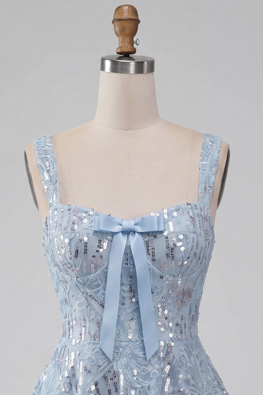 Dressystars Floral Sky Blue Sequin A-Line Short Homecoming Dress with Bow