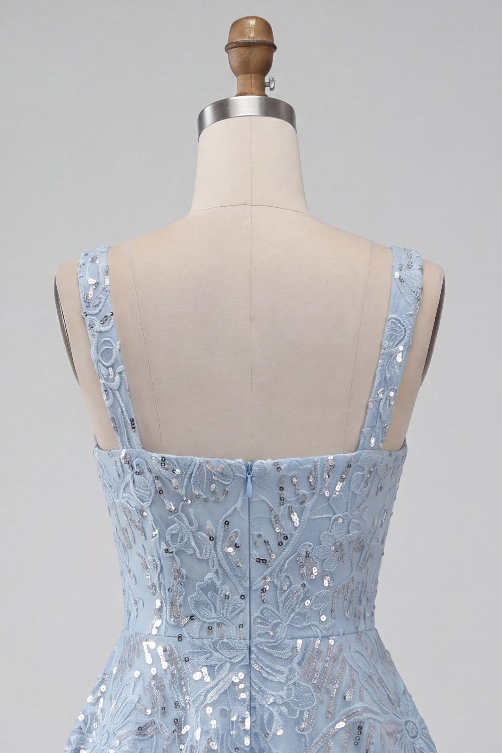Dressystars Floral Sky Blue Sequin A-Line Short Homecoming Dress with Bow