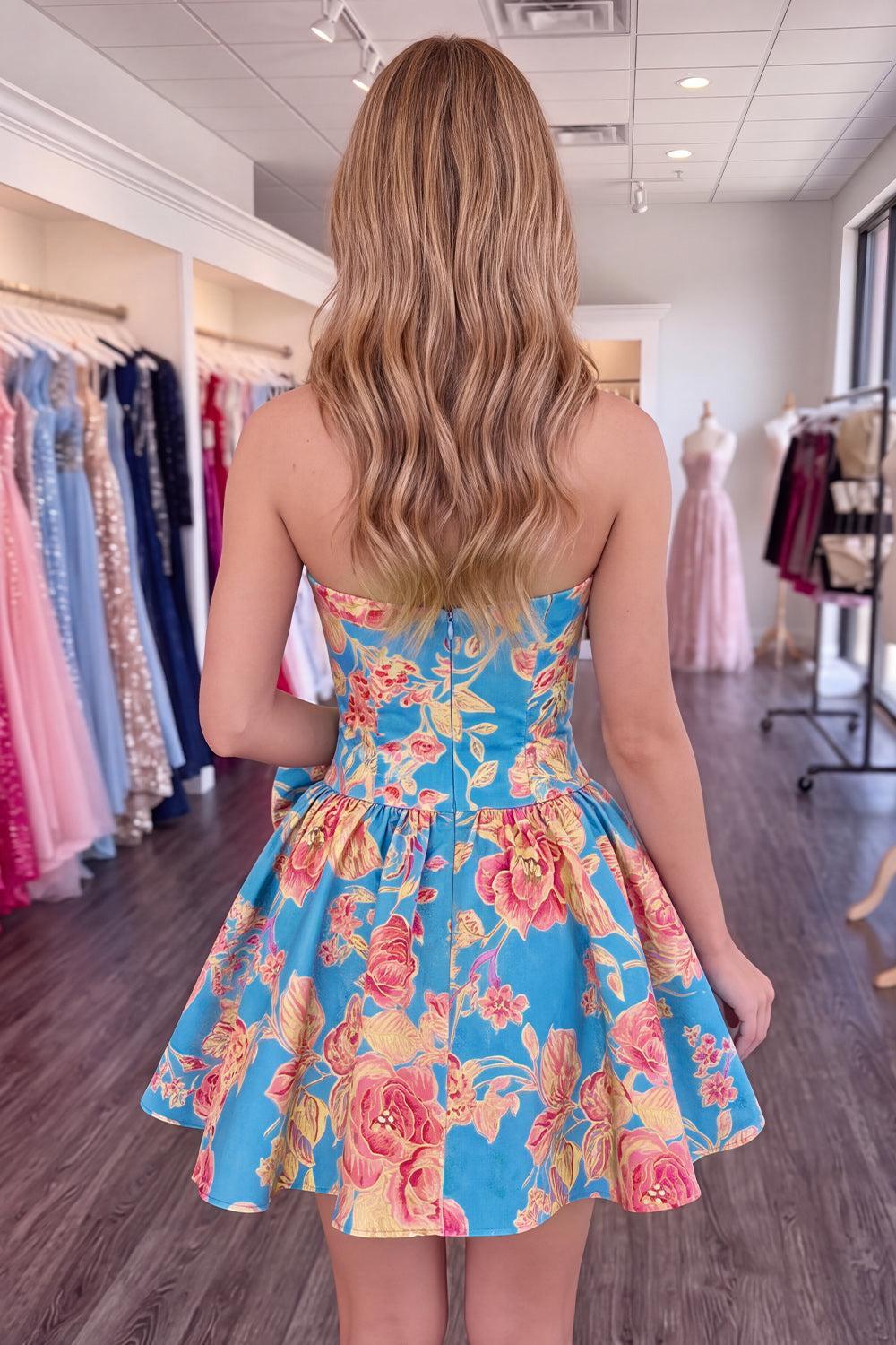 Dressystars Floral Strapless Blue A-Line Short Homecoming Dress with Bow