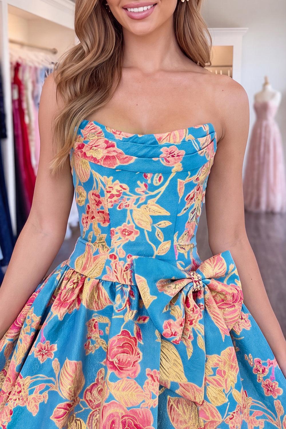 Dressystars Floral Strapless Blue A-Line Short Homecoming Dress with Bow