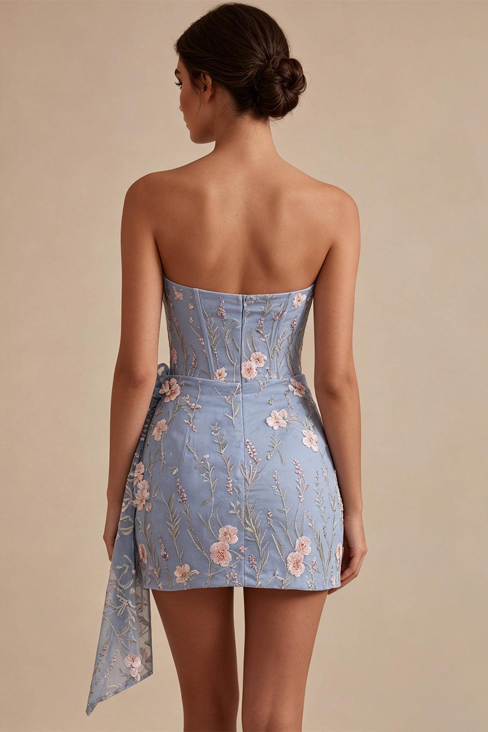 Dressystars Floral Strapless Light Blue Beaded Tight Short Homecoming Dress