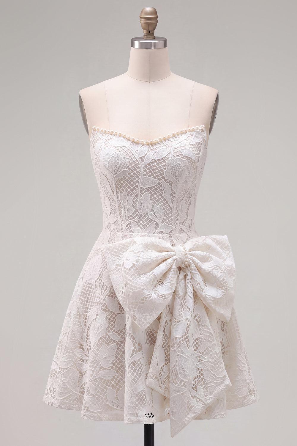 Dressystars Floral White Lace A-Line Strapless Short Homecoming Dress with Bow