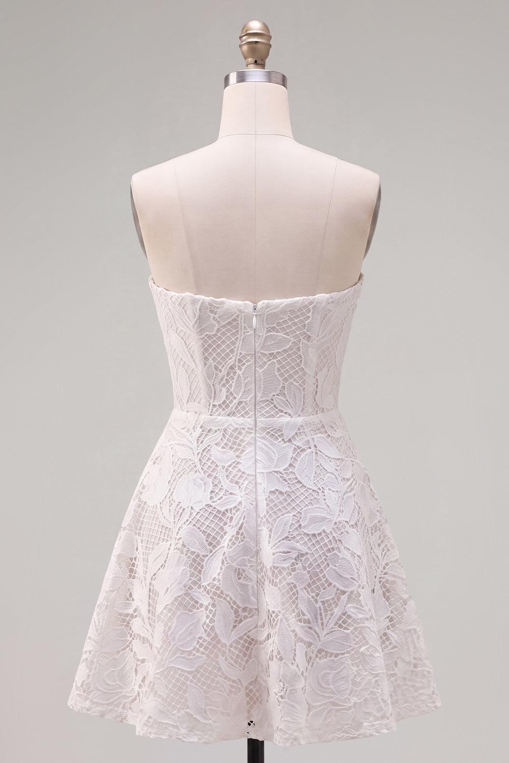 Dressystars Floral White Lace A-Line Strapless Short Homecoming Dress with Bow