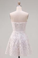Dressystars Floral White Lace A-Line Strapless Short Homecoming Dress with Bow