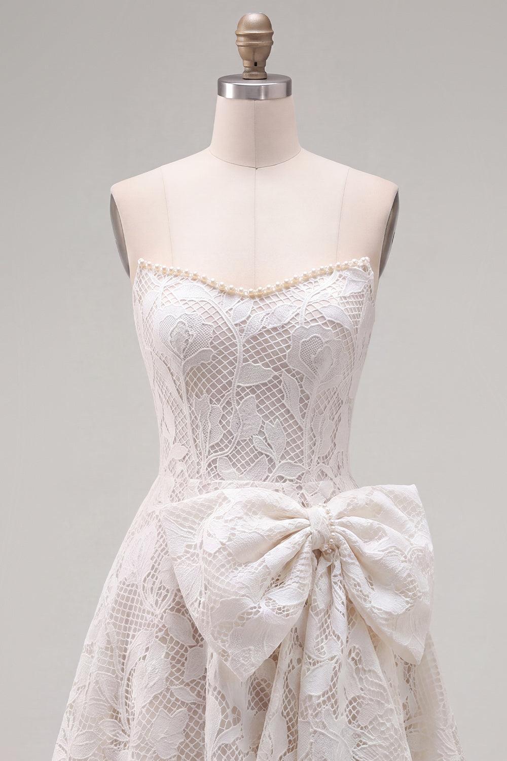 Dressystars Floral White Lace A-Line Strapless Short Homecoming Dress with Bow