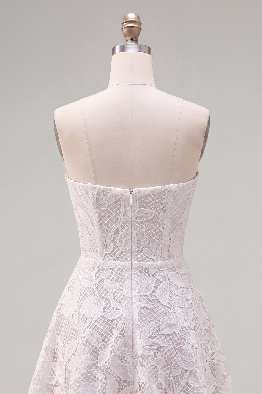Dressystars Floral White Lace A-Line Strapless Short Homecoming Dress with Bow