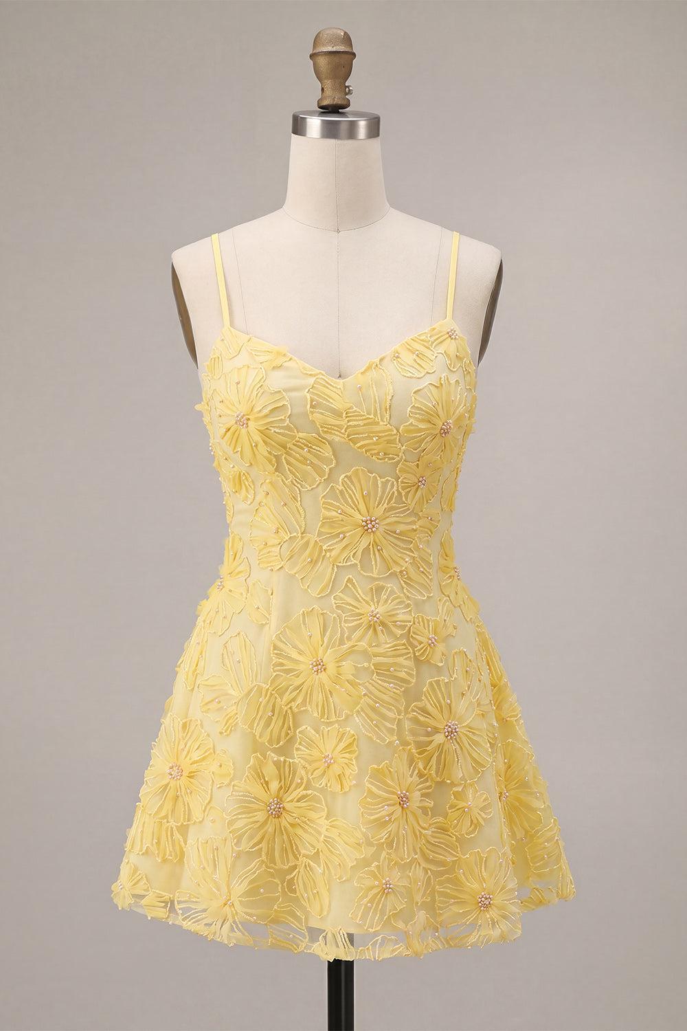 Dressystars Floral Yellow A-Line Beaded Short Homecoming Dress