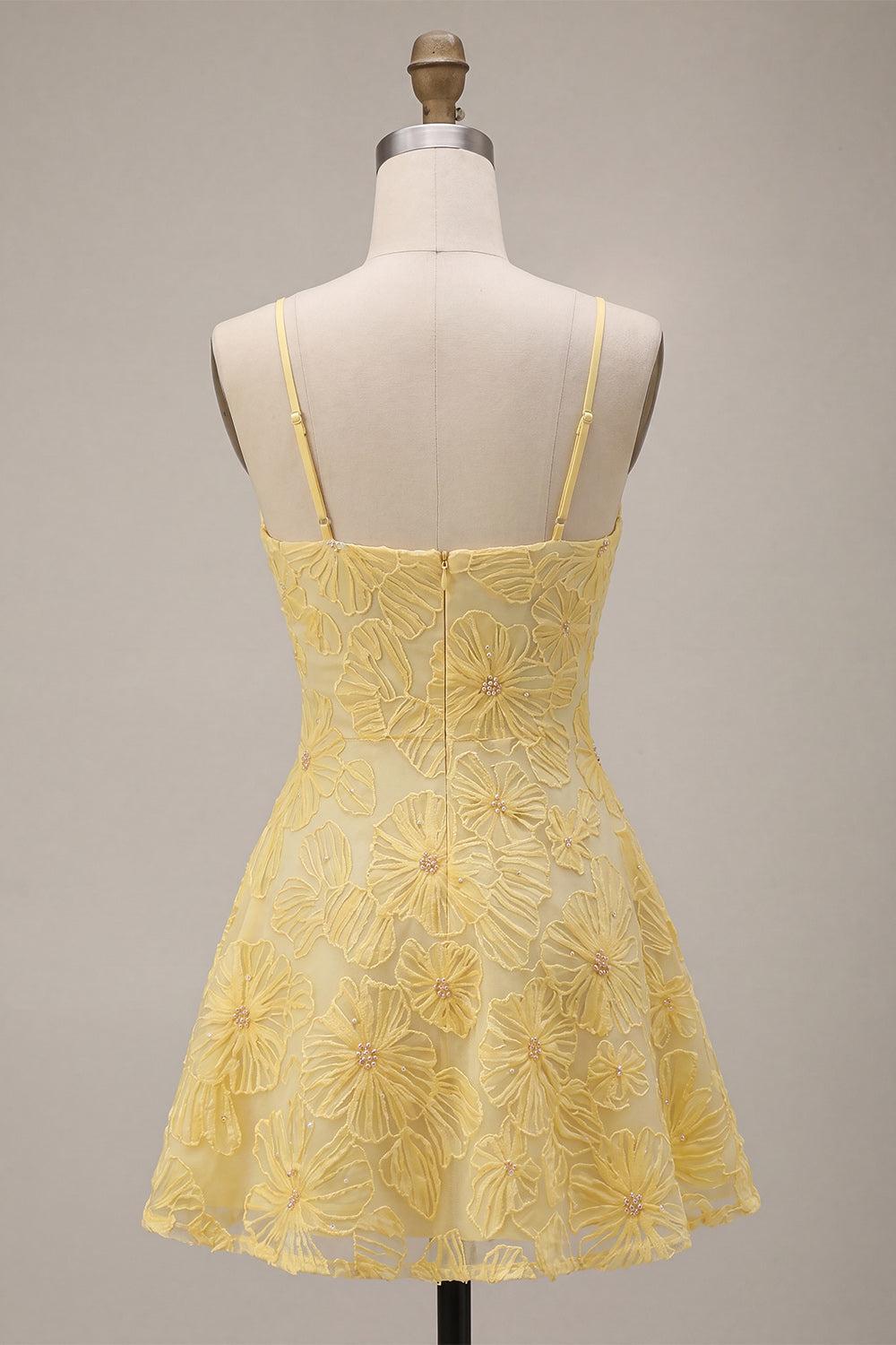 Dressystars Floral Yellow A-Line Beaded Short Homecoming Dress