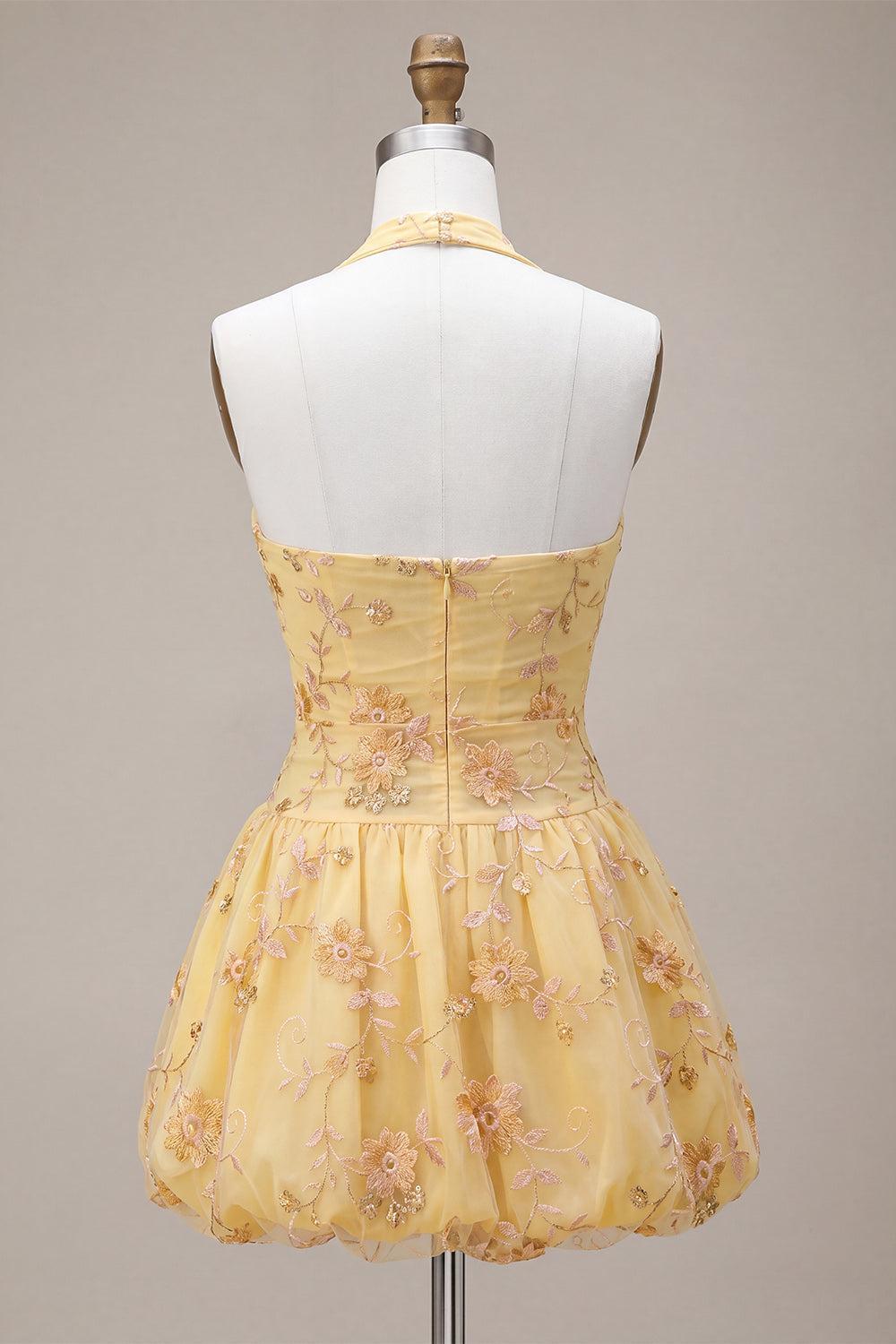 Dressystars Floral Yellow A-Line Halter Short Corset Homecoming Dress