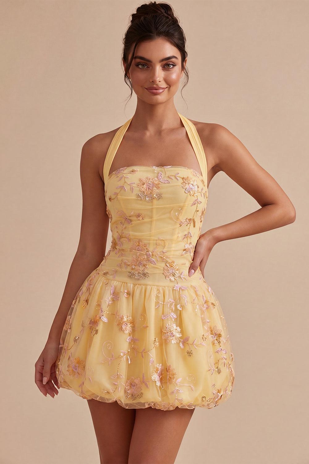 Dressystars Floral Yellow A-Line Halter Short Corset Homecoming Dress