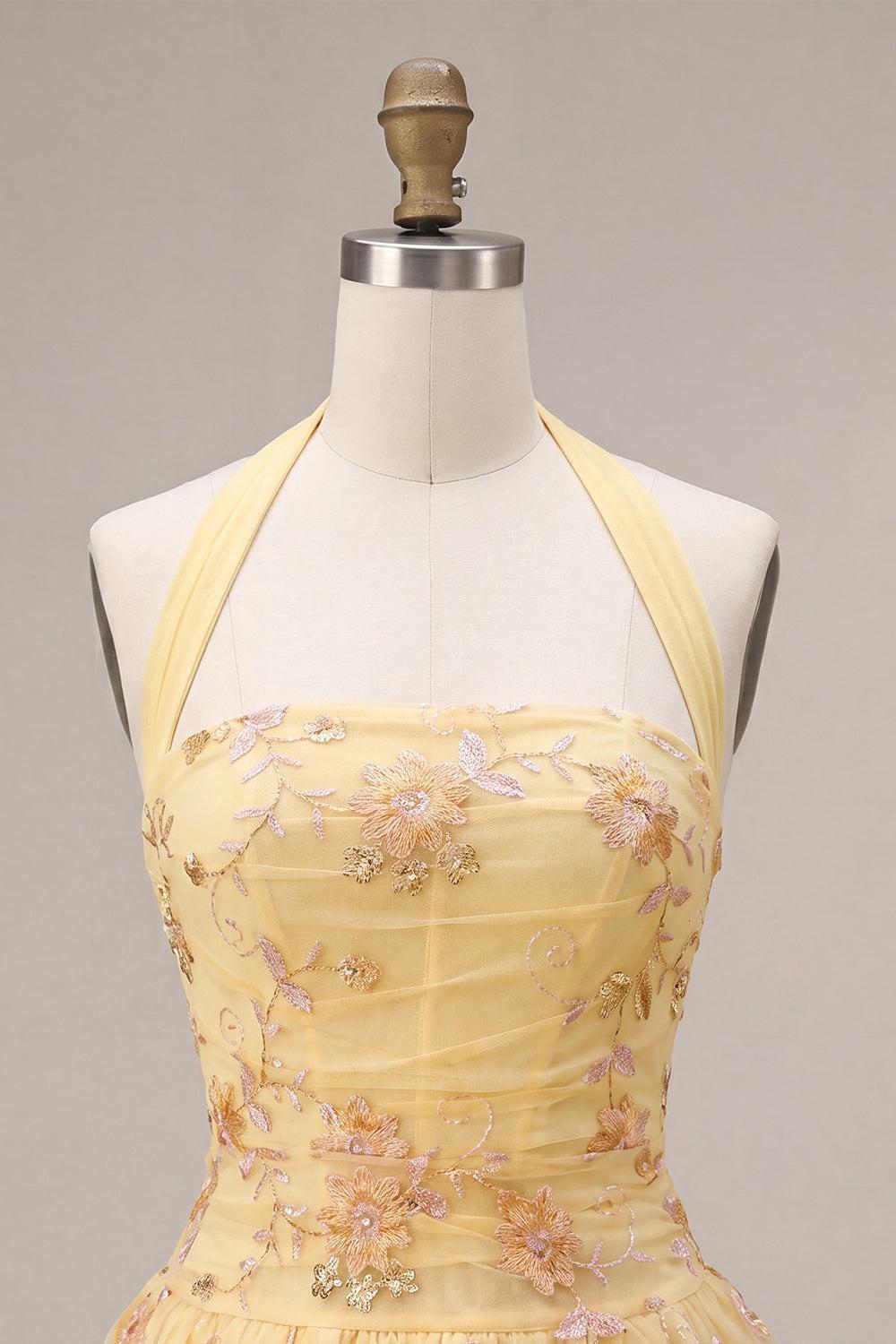 Dressystars Floral Yellow A-Line Halter Short Corset Homecoming Dress