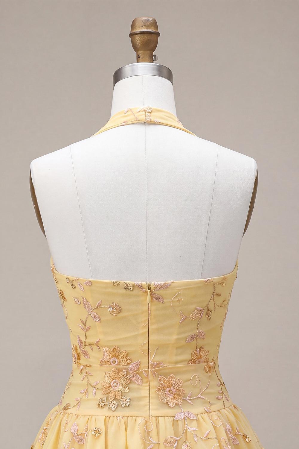 Dressystars Floral Yellow A-Line Halter Short Corset Homecoming Dress