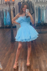 Dressystars Fluffy Blue Homecoming Dress A-Line Strapless Ruffled Short Prom Dress