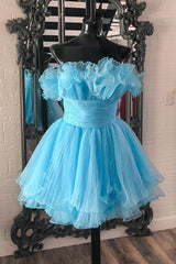Dressystars Fluffy Blue Homecoming Dress A-Line Strapless Ruffled Short Prom Dress