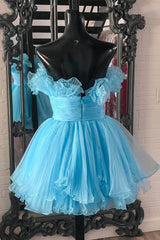 Dressystars Fluffy Blue Homecoming Dress A-Line Strapless Ruffled Short Prom Dress
