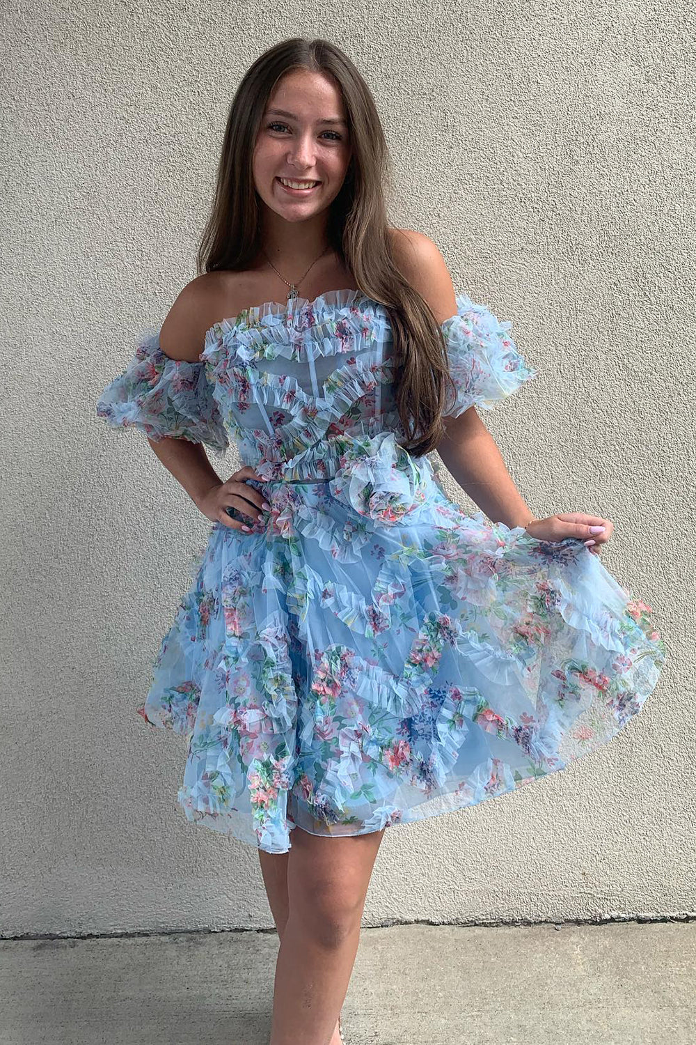 Dressystars Fluffy Blue Homecoming Dress Corset Off The Shoulder A-Line Short Prom Dress