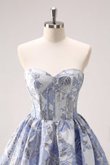 Dressystars Fluffy Blue Homecoming Dress Corset Strapless A Line Short Prom Dress