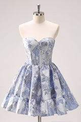 Dressystars Fluffy Blue Homecoming Dress Floral Corset Strapless A Line Short Prom Dress