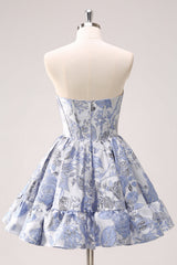 Dressystars Fluffy Blue Homecoming Dress Floral Corset Strapless A Line Short Prom Dress