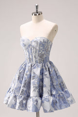 Dressystars Fluffy Blue Homecoming Dress Floral Corset Strapless A Line Short Prom Dress