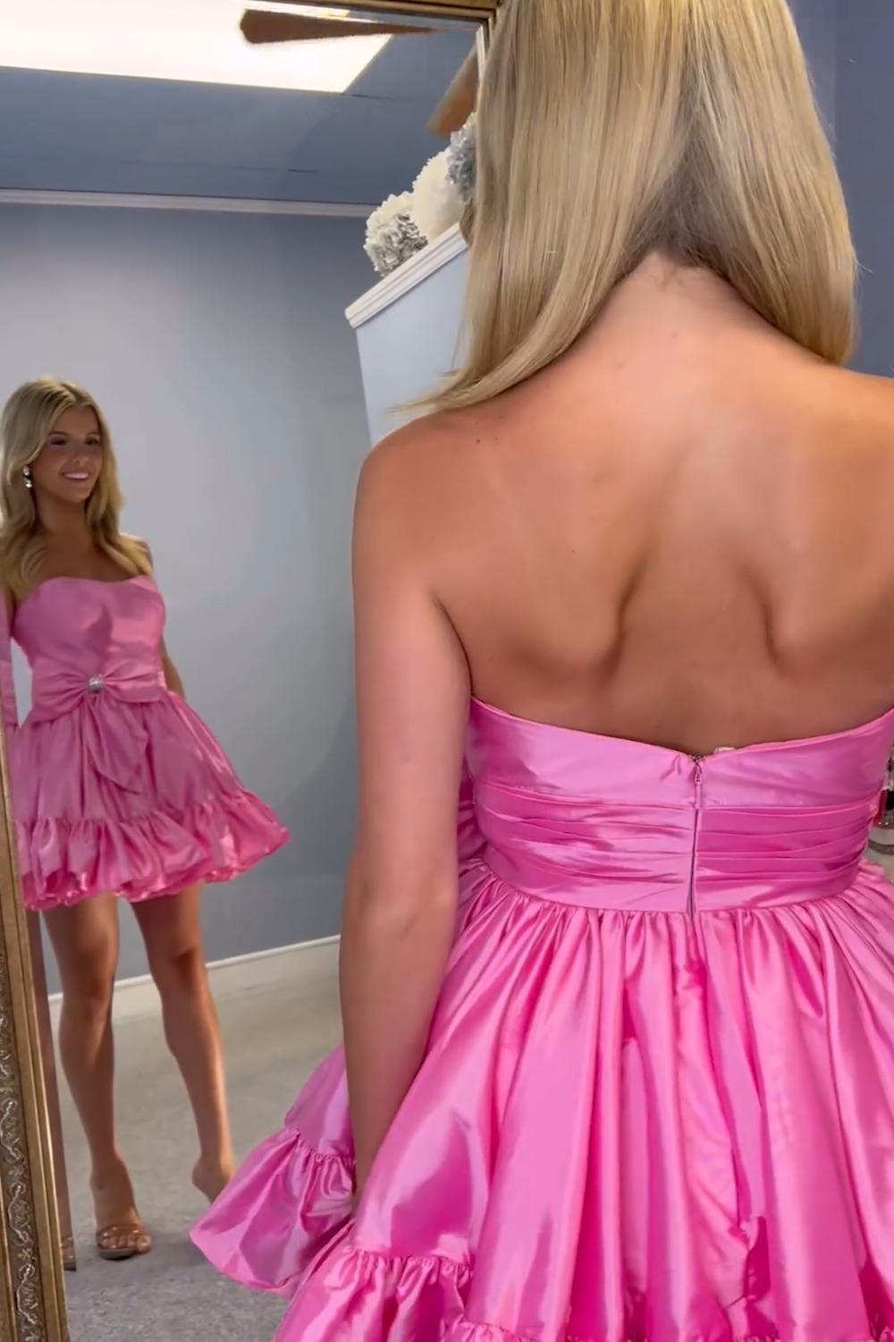 Dressystars Fluffy Fuchsia Homecoming Dress Strapless A Line Tiered Short Prom Dress with Bow