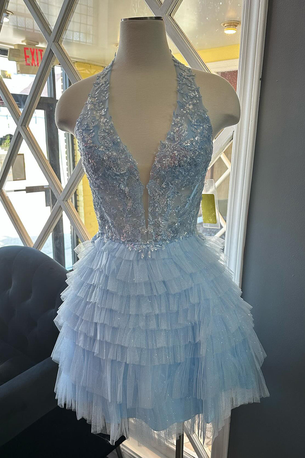 Dressystars Fluffy Light Blue Homecoming Dress A Line Halter Tiered Short Corset Prom Dress