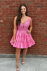 Dressystars Fluffy Pink Homecoming Dress A Line Ruffled Short Prom Dress with Lace