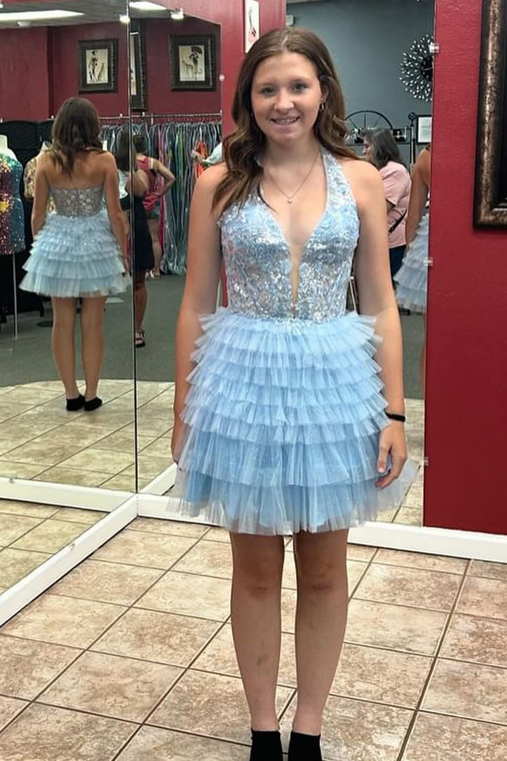 Dressystars Fluffy Royal Blue Homecoming Dress A Line Halter Tiered Short Corset Prom Dress