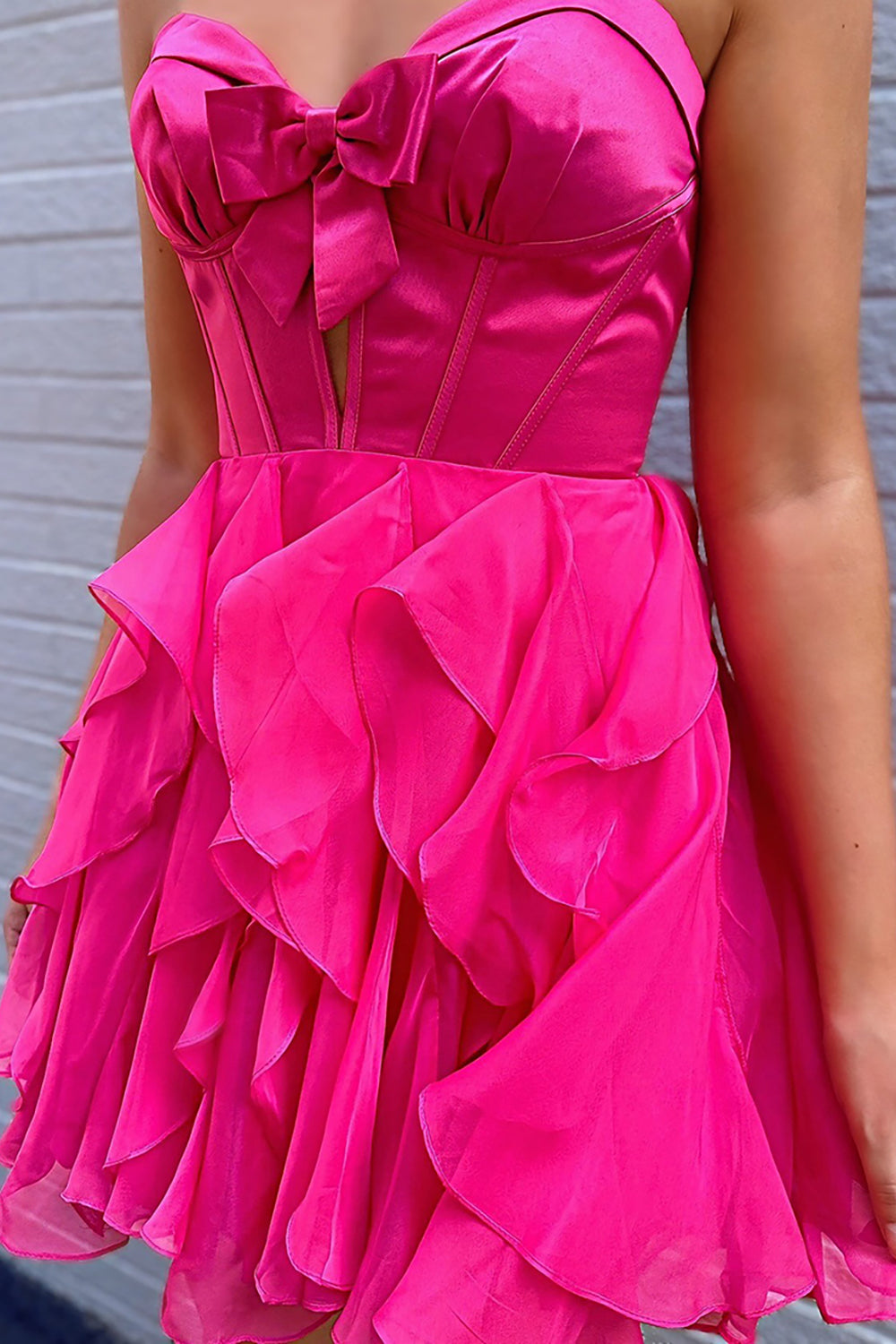 Dressystars Fuchsia A Line Homecoming Dresses Ruffled Short Corset Cocktail Dresses With Bow