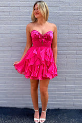 Dressystars Fuchsia A Line Homecoming Dresses Ruffled Short Corset Cocktail Dresses With Bow