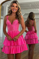 Dressystars Fuchsia Beaded Homecoming Dresses Tiered Ruffled A Line Short Cocktail Dresses