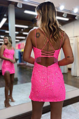 Dressystars Fuchsia Bodycon Spaghetti Straps Short Homecoming Dress