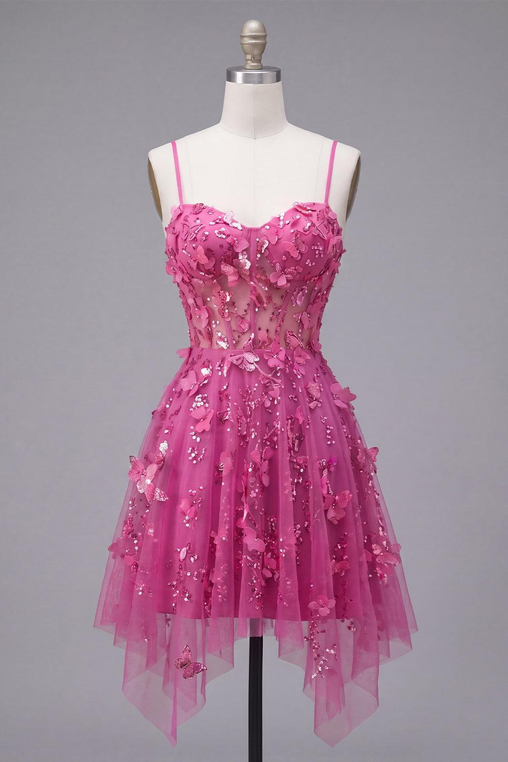 Dressystars Fuchsia Floral Beaded A-Line Corset Short Homecoming Dress