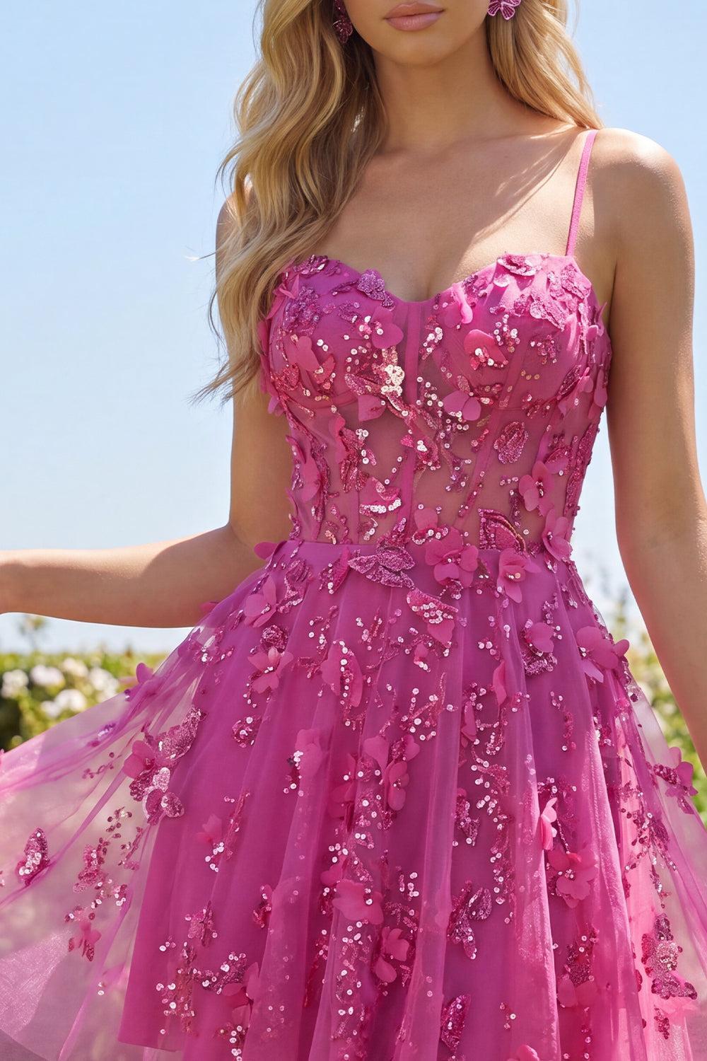 Dressystars Fuchsia Floral Beaded A-Line Corset Short Homecoming Dress