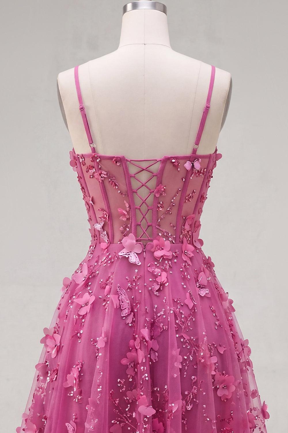 Dressystars Fuchsia Floral Beaded A-Line Corset Short Homecoming Dress