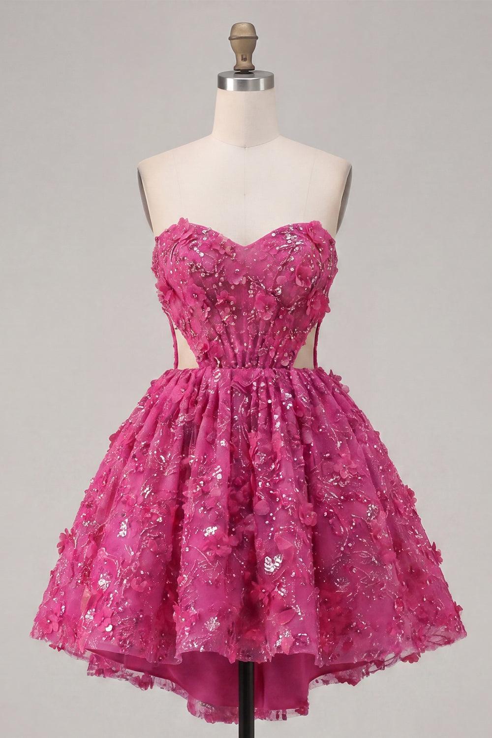 Dressystars Fuchsia Floral Beaded Cut-Out A-Line Corset Short Homecoming Dress