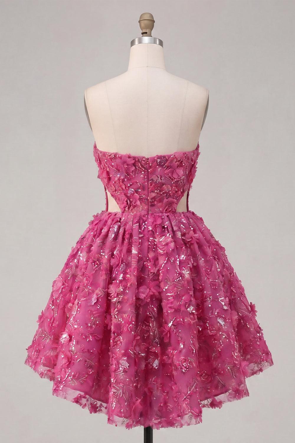 Dressystars Fuchsia Floral Beaded Cut-Out A-Line Corset Short Homecoming Dress